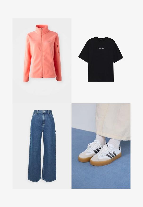 Koralā fleeces jaka ar augstu apkakli, pilnu priekšējo rāvējslēdzēju, garām piedurknēm un sānu rāvējslēdzēju kabatu. Mīksta struktūra un gluda virsma.; Melna kokvilnas T-krekls ar brīvu dizainu. Iezīmē īsas piedurknes un noapaļotu kakla izgriezumu. Uz priekšpuses centrā ir balts uzraksts "Pozitīvs, Sirsnīgs".; Platleņķa zili džinsi ar augstu jostasvietu, kontrastējošām šuvēm un sānu kabatām, ar klasisku piecu kabatu dizainu un neapstrādātiem malām.; Baltas sporta apavi ar melnām svītrām un beisīgo zamšādu akcentiem. Ievies struktūrētu gumijas zoli un izkārtotas baltas šnerves, valkāti ar gaišiem zeķēm.