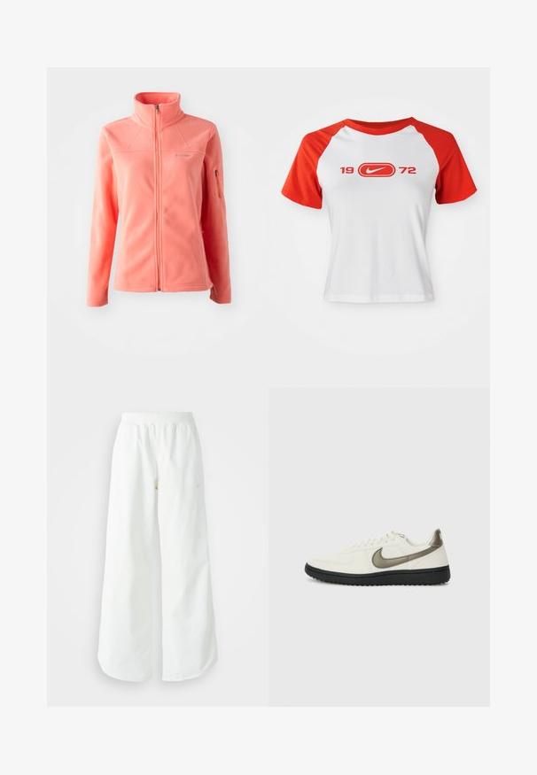 Casaco de fleece de coral com gola alta, fecho éclair frontal completo, mangas longas e bolso lateral com fecho éclair. Textura suave e acabamento liso.; T-shirt da Nike com corpo branco e mangas raglan vermelhas. Apresenta "1972" e um logótipo em vermelho no peito. Feito de tecido jersey suave.; Calças atléticas largas brancas com uma cintura canelada e um discreto detalhe de logótipo. Tecido suave com um corte relaxado e terminações ajustadas.; Nike Sportswear FIELD GENERAL - Sapatilhas - off-white/black