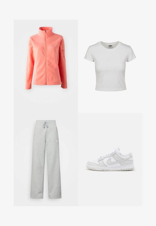 Koralfleecejakke med høj krave, fuld frontlynlås, lange ærmer og sidelomme med lynlås. Blød tekstur og glat finish.; Hvid bomulds t-shirt med klassisk rund hals, korte ærmer og tætsiddende pasform. Ingen mønstre eller accenter synlige.; Grå sweatpants med elastisk talje, snor detaljer og et lille hvidt Nike-logo på venstre lår. Blødt stof, løs pasform.; Hvide lædersneakers med grå detaljer, perforeret tå, flade snørebånd, polstret krave og en struktureret gummisål.