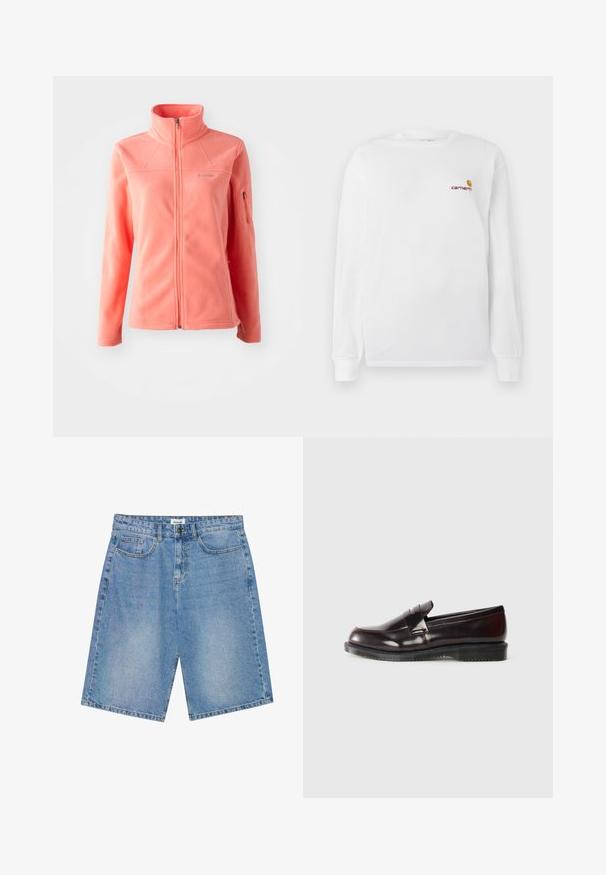 Giacca in pile di corallo con colletto alto, zip frontale completa, maniche lunghe e tasca laterale con zip. Texture morbida e finitura liscia.; T-shirt bianco a maniche lunghe in cotone, con un piccolo logo Carhartt arancione e mogano sul petto. Design con colletto tondo.; Shorts in denim di colore azzurro chiaro con un taglio dritto, design a cinque tasche e cuciture a contrasto. Presentano una chiusura con bottone e cerniera.; Mocassini in pelle bordeaux con superficie liscia, dettaglio cucitura rialzata e suola in gomma. Progettati con una punta arrotondata e hardware minimale.