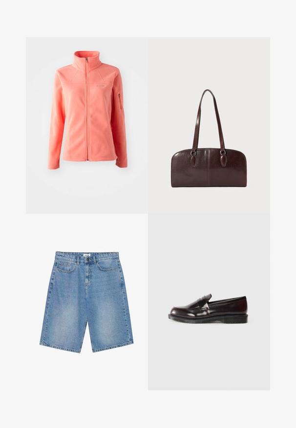 Jakna od koralnog flisa s visokim ovratnikom, punim prednjim zatvaračem, dugim rukavima i bočnim džepom na zatvarač. Mekana tekstura i glatka završna obrada.; Bijela majica dugih rukava od pamuka, s malim narančastim i tamnocrvenim Carhartt logotipom na prsima. Dizajn s okruglim izrezom.; Trenirke od trapera u svijetloplavoj boji s ravnim krojem, dizajnom s pet džepova i kontrastnim šavovima. Imaju zatvaranje na dugme i patentni zatvarač.; Bordo kožne mokasinke s glatkom površinom, uzdignutim detaljem šava i gumenom potplatom. Dizajnirane s okruglim vrhom i minimalnim hardverom.; Smeđa kožna torba s dvije duge ručke, strukturiranog pravokutnog oblika, glatke teksture i zaobljenih rubova. Sadrži ukrasne detalje na ručkama.