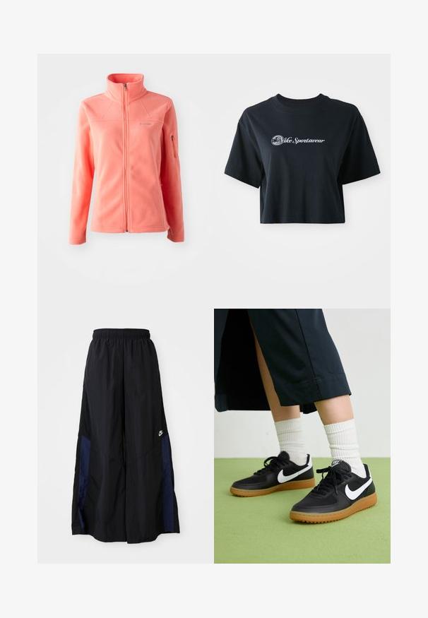 Koralfleecejakke med høj krave, fuld frontlynlås, lange ærmer og sidelomme med lynlås. Blød tekstur og glat finish.; Afskåret sort bomulds T-shirt med korte ærmer, der har hvid tekst "Vice Sportswear" og et cirkulært grafisk motiv på forsiden.; Sorte vide benbukser lavet af letvægtsstof, med et marineblåt sidepanel og en elastisk talje. Lille hvidt logo nederst.; Sorte læder- og syntetiske sneakers med hvid Nike swoosh, gummisål, rund tå og sorte snørebånd. Ribbede hvide sokker synlige.