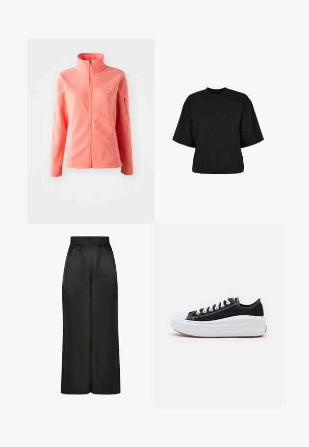 Korall bolyhos dzseki magas gallérral, teljes elülső cipzárral, hosszú ujjakra és oldalsó cipzáras zsebre. Puha textúra és sima felület.; Fekete, rövid ujjú, pamut crop póló. Kerek nyakkivágással rendelkezik. Simára készült textúrája van, egyszerű dizájn, nincs rajta további minta.; Fekete, bő szárú nadrág, sima, fényes anyagból, rugalmas derékrésszel, látható zsebek vagy fém részletek nélkül.; Fekete vászon sportcipők fehér fűzővel, fehér gumi orral és vastag fehér középtalppal. Finom fehér varrással és gumi talppal rendelkezik.