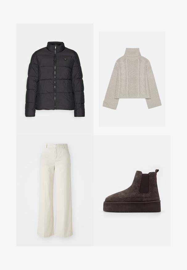 Crna puf jakna s uspravnim ovratnikom, kvadratnim dizajnom, prednjim zatvaračem i malim logom na lijevoj strani prsnog koša. Glatki, lagani materijal.; Skraćeni, svijetlosivi pleteni pulover s visokim ovratnikom i rebrastim manžetama, sa teksturiranim cables uzorak na leđima i stranama.; Hlače širokih nogavica u svijetloj bež boji, izrađene od glatke tkanine. Imaju klasičnu elastičnu traku u struku i ravni prednji dio s čistim linijama.; Smeđe nubuk Chelsea čizme s elastičnim bočnim panelima i debelim, teksturiranim potplatima. Imaju traku za povlačenje na peti radi lakšeg obuvanja.
