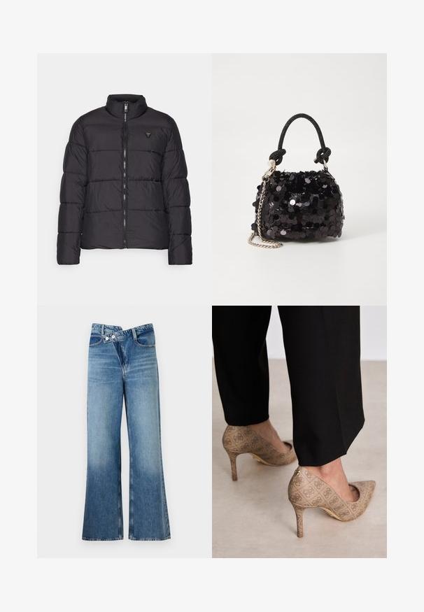 Schwarze Daunenjacke mit Stehkragen, gestepptem Design, Reißverschluss vorne und einem kleinen Logo-Akzent auf der linken Brust. Glattes, leichtes Material.; Schwarzes T-Shirt mit kurzen Ärmeln und einem großen glitzernden Dreieckslogo, das "GUESS U.S.A." und ein zentrales Fragezeichen zeigt.; Helle, blaue Jeans mit weit ausgestellt Bein und hoher Taille, ausgestattet mit zwei Knöpfen und vorderen Taschen. Der Stoff hat eine ausgewaschene Textur mit subtilen Variationen.; Beige High Heels aus strukturiertem Stoff mit einem sich wiederholenden Muster. Spitz zulaufendes Design mit einer Rückenausschnitt und goldenen Absatz.; Schwarze Pailletten-Mini-Handtasche mit einem geknoteten, strukturierten Tragegurt und einer silbernen Kette. Abgerundete Form mit gerafftem oberen Teil und reflektierenden Details.