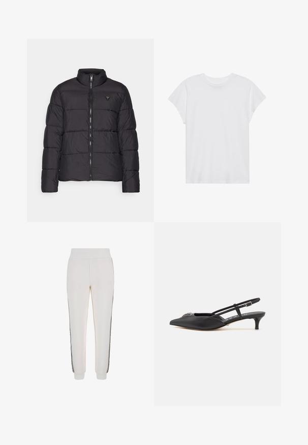 Čierna prešívaná bunda s stojačikom, prešívaným dizajnom, predným zipsom a malým logom na ľavej hrudi. Hladký, ľahký materiál.; Biela krátka rukávová tričko s okrúhlym výstrihom, voľný strih, vyrobené z jemnej bavlnenej látky. Hladká textúra, bez vzorov alebo log.; Biele jogger nohavice vyrobené z mäkkej látky, s rebrovaným pásom a čiernymi bočnými pruhmi s detailom loga vpredu.; Čierne slingback topánky s ostrou špičkou, vyrobené z hladkého materiálu, so malým podpätkom a dekoratívnym strieborným akcentom na priehlavku.