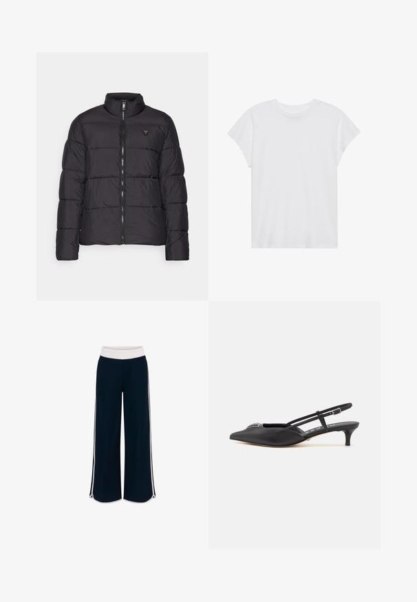 Sort pufferjakke med ståkrave, quiltet design, lynlås fortil og et lille logoaccent på venstre bryst. Glat, let materiale.; Hvid kortærmet t-shirt med rund hals, afslappet pasform, lavet af blødt bomuldsstof. Glat tekstur, ingen mønstre eller logoer.; Mørkeblå vid benbukser med hvid elastisk talje og kontrasterende sidestrokes. Glat tekstur med løs pasform og slidser i kanten.; Sorte slingback-sko med spids tå, lavet af glat materiale, med en lille hæl og en dekorativ sølvaccent på vamps.