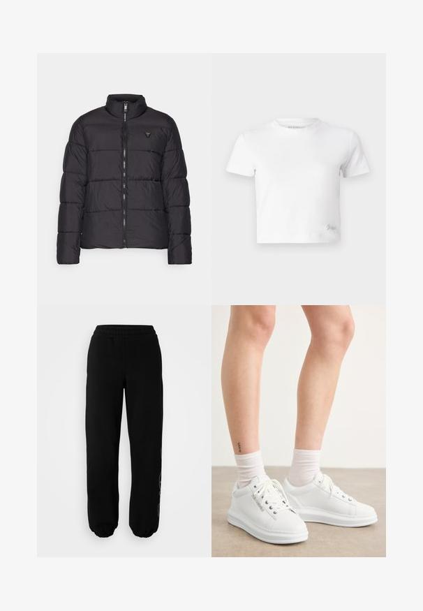 Black puffer jacket with a stand collar, quilted design, front zipper, and a small logo accent on the left chest. Smooth, lightweight material.; White cropped t-shirt made of smooth cotton, featuring a high neckline and short sleeves. Small embroidered logo in the bottom corner.; Black sweatpants with an elastic waistband and cuffs. Made from soft fabric featuring a subtle design detail on the left leg.; White leather sneakers with a smooth texture, round toe, and flat rubber sole. Laces are visible, and sock cuffs are white.