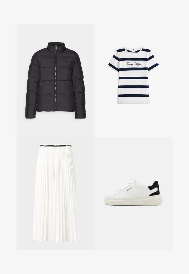 Chaqueta tipo plumas negra con cuello alzado, diseño acolchado, cremallera frontal y un pequeño logo en la parte izquierda del pecho. Material suave y ligero.; Camiseta de algodón con rayas horizontales azul marino sobre un fondo blanco. "Tommy Hilfiger" bordado en cursiva en el pecho. Escote de tipo crew.; Falda blanca plisada con una cinturilla elástica negra que presenta el logotipo "LACOSTE". Diseño de longitud media con textura suave.; Zapatillas blancas de cuero con una suela blanca gruesa, acento en el talón de ante negro y logo grabado en el lateral. Diseño de cordones con seis ojales.