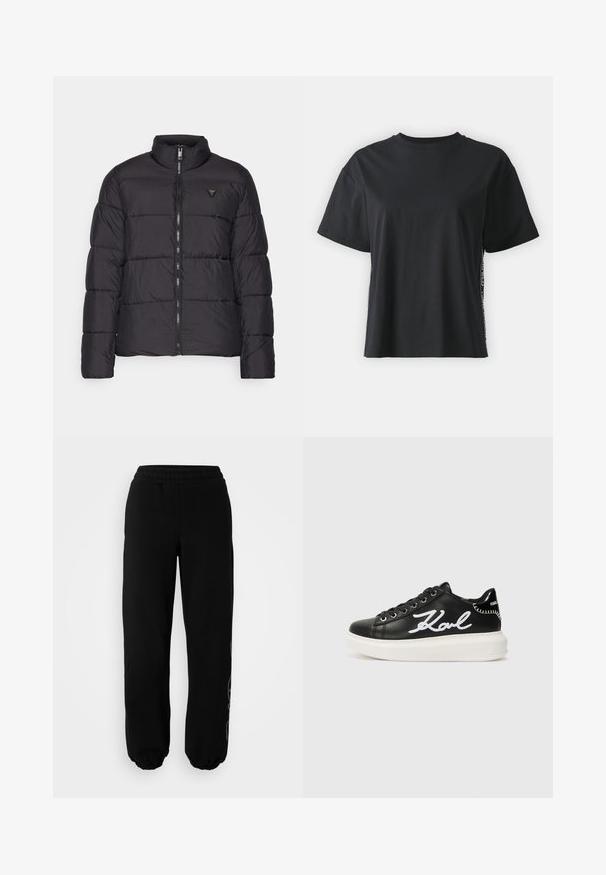 Jachetă puffer neagră cu guler în picioare, design matlasat, fermoar frontal și un mic logo pe partea stângă a pieptului. Material neted, ușor.; Tricou din bumbac negru cu mânecă scurtă, cu o croială lejeră și un panou lateral contrastant, având text mic și detalii de design.; Pantaloni de trening negri cu talie elastică și manșete. Realizați dintr-un material moale cu un detaliu de design subtil pe piciorul stâng.; Adidași negri din piele cu detaliu brodat alb "Karl", vârf rotund, design cu șireturi și o talpă groasă albă cu accente texturate.