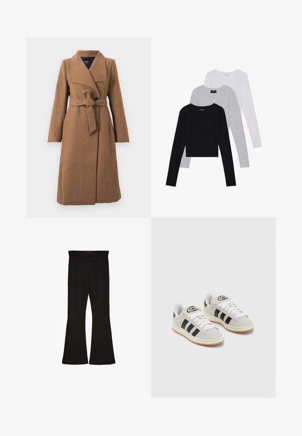 Long camel brown wool coat with wide collar, single black button, and matching fabric belt tied at the waist.; Three long-sleeve tops stacked: black, grey, and white. Each has a round neckline and a cropped design with smooth, lightweight fabric.; Black flare leggings made from stretchy fabric. Features a wide waistband and a smooth texture, with a fitted silhouette that flares at the hem.; Gray suede sneakers with white laces, black stripes, and a white rubber sole. Features a circular logo on the tongue and a gum sole.