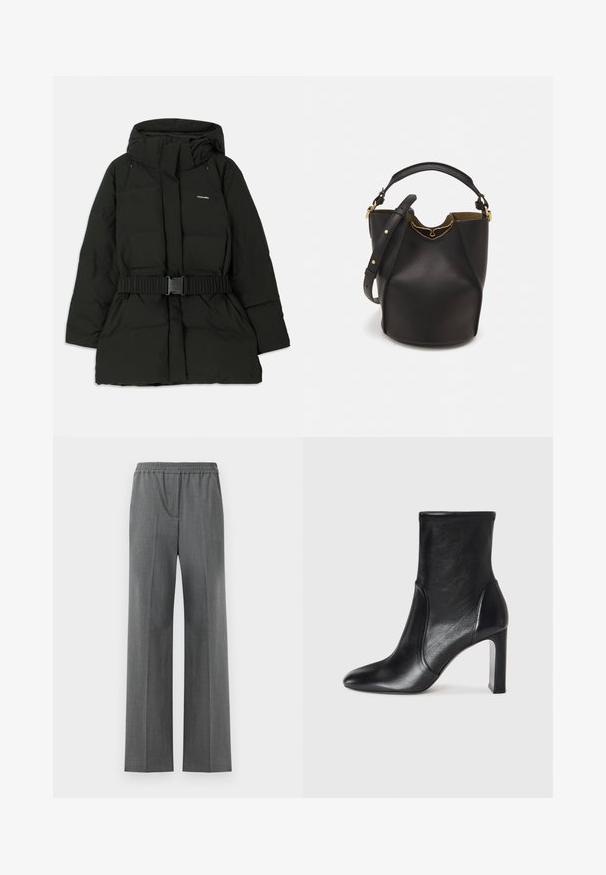 Melna pūkaina jaka ar kapuci, elastīgu jostasvietu un gludu tekstūru. Uz priekšpuses redzams "Holzweiler" logo.; Gaiši krēms svīteri, kas izgatavots no mīksta, adīta auduma. Iespējas: apaļš kakls, garas piedurknes un ribotas aproces un apakšmalas ar raglanu piedurkņu dizainu.; Pelēki platā kāju bikses ar elastīgu jostu, izgatavotas no teksturēta auduma ar maigu aušanas rakstu.; Melnas ādas potītes zābaks ar elegantu dizainu, norādītu pirkstu un augstu kvadrātveida papēdi. Ir gluda tekstūra un minimālisma šuvju detaļas.; Melnas ādas spainīša somas ar teksturētu apdari, zelta metāla aksesuāriem un atvērtu augšu. Piedāvā īsu rokturi un regulējamu plecu siksnu.