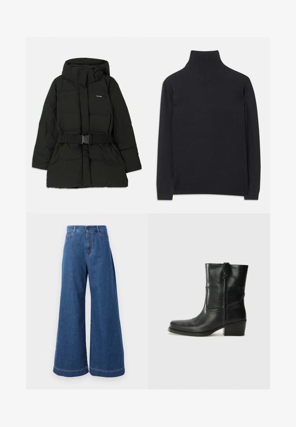 Czarna puchówka z kapturem, elastycznym paskiem w talii i gładką fakturą. Logo "Holzweiler" wyeksponowane z przodu.; Czarny sweter z golfem wykonany z miękkiego materiału. Posiada długie rękawy, wysoki kołnierz oraz prążkowane mankiety i dół, co zapewnia dopasowany wygląd.; Dżinsy o szerokich nogawkach w średnio niebieskim denimu, z wysokim stanem, przednimi kieszeniami oraz kontrastowym przeszyciem wzdłuż szwów i brzegów.; Czarne skórzane botki za kostkę z okrągłym noskiem, słupkowym obcasem, bocznym zamkiem i przeszyciami na cholewce. Gładka tekstura, klasyczny design.