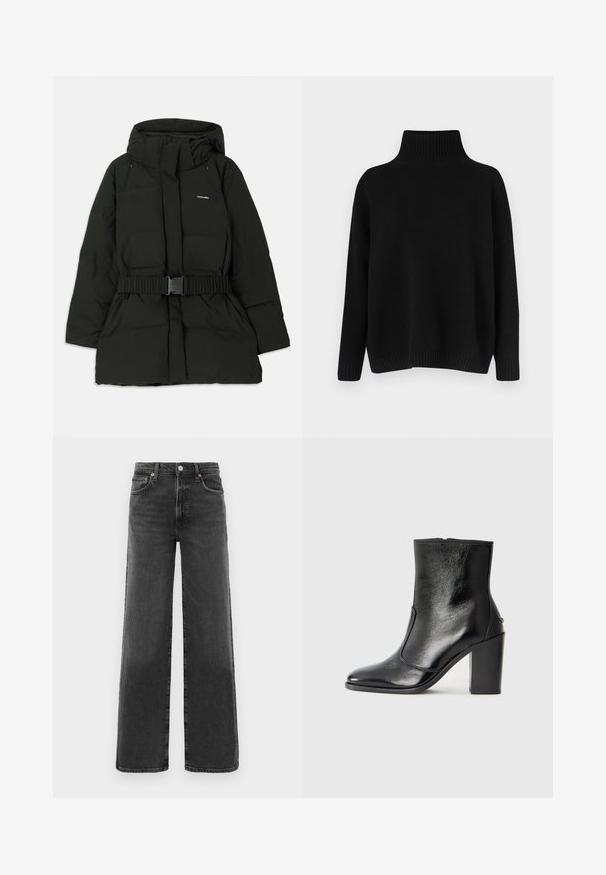 Černá péřová bunda s kapucí, elastickým páskem v pase a hladkou texturou. Logo "Holzweiler" umístěné na přední straně.; Černý pletený svetr s vysokým žebrovaným límcem, spadlými rameny a volnějším střihem. Má žebrované manžety a lem pro texturu.; Černé džíny s vysokým pasem a rovnými nohavicemi, s předním knoflíkem a zipem, dvěma předními kapsami a dvěma zadními kapsami.; Černé kožené kotníkové boty s hladkou texturou, špičatou špičkou a robustním vysokým podpatkem. Mají boční otvor a minimalistický design.