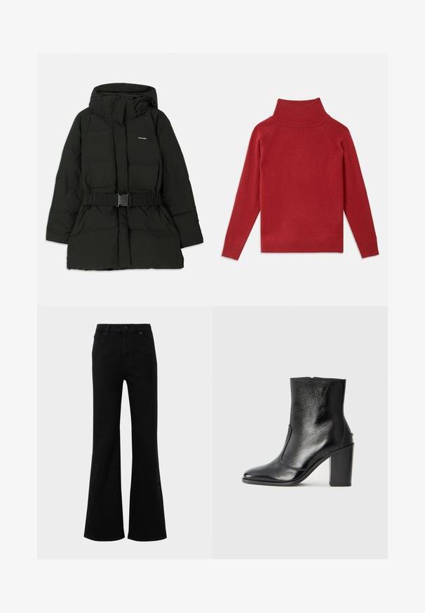 Fekete puffermellény kapucnival, rugalmas derékpánttal és sima felülettel. A "Holzweiler" logó a mellkason látható.; Piros garbópulóver puha kötött anyagból. Bordás nyakkal és mandzsettával rendelkezik, laza fazonú, varrat nélküli vállakkal.; Fekete, harangszárú farmernadrág magas derékkal, denimből készült. Szerkezeti zsebekkel és elöl gombos záródással rendelkezik. Simára kidolgozott textúra.; Fekete bőr bokacipő sima textúrával, hegyes orral és vastag, magas sarkával. Oldalnyílással és minimalista dizájnnal rendelkezik.