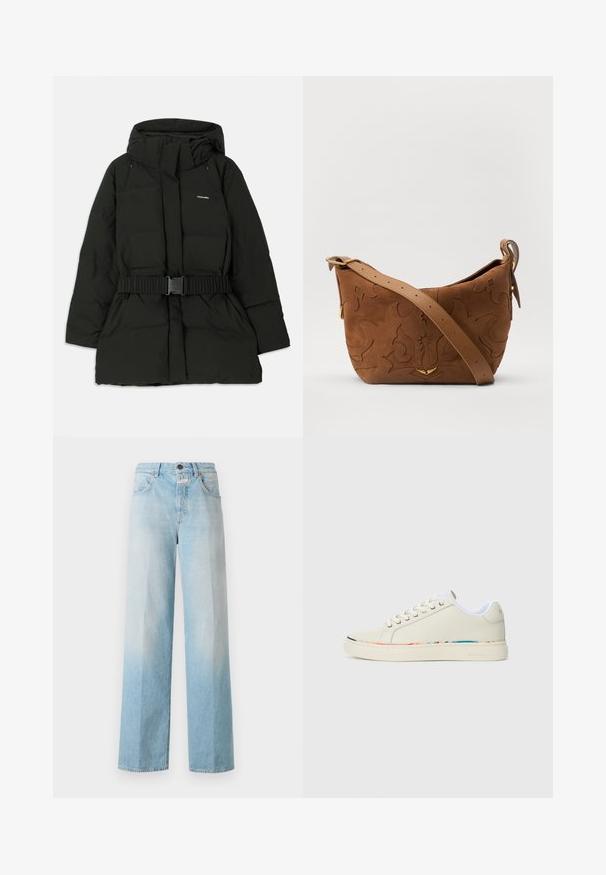 Fekete puffermellény kapucnival, rugalmas derékpánttal és sima felülettel. A "Holzweiler" logó a mellkason látható.; Tejszínű, rövid fazonú póló bordázott anyagból, kerek nyakkivágással és rövid ujjakkal, laza szabással.; Világoskék farmer széles szárú nadrág, elhalványodó gradienttel, klasszikus öt zsebes kialakítással és fémből készült gombzárral.; Zsónás, alacsony, fűzős sneaker off-white színben, fehér belső béléssel és diszkrét, több színű díszítéssel a talp szélén, oldalnézet.; Barna velúr válltáska, dombornyomott virágmintával, sima barna bőrpánttal és arany színű fém kiegészítőkkel.