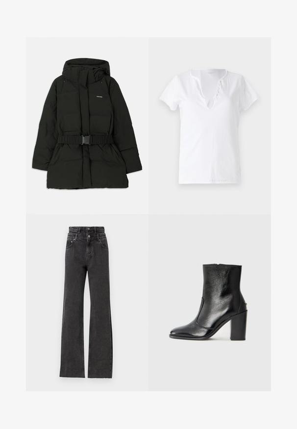 Giacca a vento nera con cappuccio, cintura elastica in vita e una texture liscia. Logo "Holzweiler" visibile nella parte anteriore.; T-shirt bianco in cotone con maniche corte, vestibilità comoda, e scollatura a V con una pettorina decorativa con cinque bottoni.; Jeans neri a vita alta con un design a gamba dritta, dettagli leggermente strappati e chiusura con bottone in metallo in vita.; Stivale alla caviglia in pelle nera, con una superficie liscia, punta affilata e tacco alto e massiccio. Presenta una apertura laterale e un design minimalista.