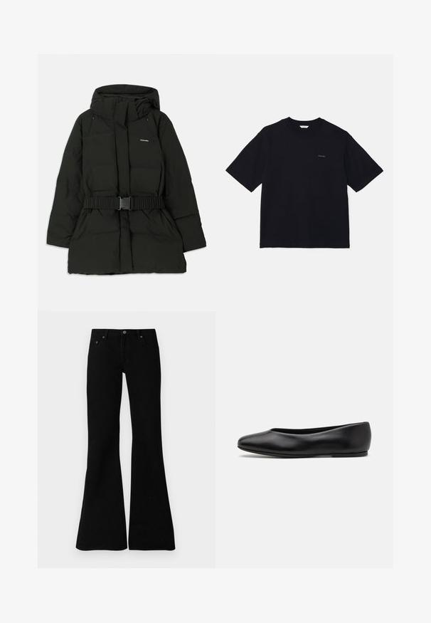 Črna puhasta jakna z kapuco, elastičnim pasom in gladko teksturo. Na sprednji strani je vidna oznaka "Holzweiler".; Črna kratka majica s kratkimi rokavi, izdelana iz bombaža, z okroglim izrezom in majhnim logotipom na levem prsnem delu. Gladka tekstura in sproščen kroj.; Črne razširjene kavbojke iz denima, ki vključujejo klasično zasnovo s petimi žepi, zapiranje na gumb in diskretne šive ob šivih.; Paul Smith TOPANGA - Balerinke - black