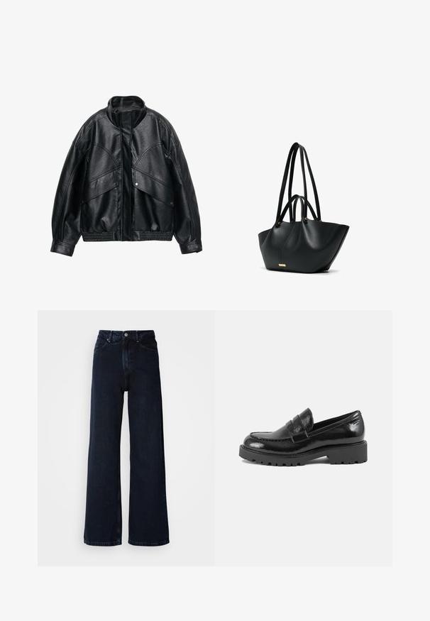 Giacca nera in similpelle con colletto alto, vestibilità over-size e vita a coste. Presenta ampie tasche a patta e una superficie texturizzata.; Top lungo nero a maniche lunghe con scollo quadrato, vestibilità slim e tessuto texture. Ideale per abbinamenti a strati o per l'abbigliamento casual.; Jeans a gamba larga blu scuro con vita alta, chiusura con bottone, tasche anteriori e una texture di denim liscia.; Mocassino in vernice nera con punta strutturata, fascia decorativa sulla tomaia e suola spessa e robusta. Finitura liscia e lucida.; Borsa tote in pelle nera con due lunghi manici per la spalla e due manici più corti, forma trapezoidale, placchetta del marchio in tono oro sul davanti.