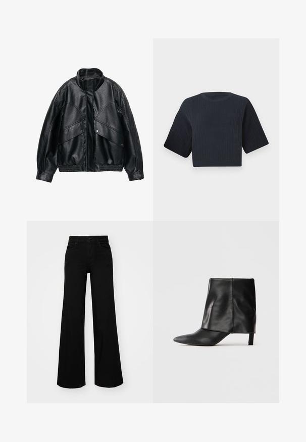 Czarna kurtka z sztucznej skóry z wysokim kołnierzem, w luźnym kroju i ribbowanym paskiem w talii. Posiada duże kieszenie na klapki oraz teksturowaną powierzchnię.; Ciemnogranatowy krótkowłosy sweter dzianinowy z prążkowaną teksturą, szerokimi krótkimi rękawami i okrągłym dekoltem. Prosty design, brak widocznych wzorów lub akcentów.; Czarne szerokie spodnie dżinsowe z usztywnionym pasem, szlufkami na pasek i kieszeniami z przodu. Gładka faktura o klasycznym fasonie.; Czarne skórzane kozaki do połowy łydki z wydłużonym noskiem, złożonym górnym wałkiem i smukłym niskim obcasem, stojące na białym tle.