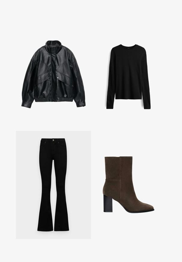 Schwarze Kunstlederjacke mit hohem Kragen, oversized Passform und geripptem Saum. Mit großen Klappen-Taschen und strukturierten Oberflächen.; Schwarzes, geripptes Langarm-Crewneck-Top mit schmaler Passform und geradem Saum, auf einem weißen Hintergrund präsentiert.; Schwarze hochtaillierte Jeans mit einem Knopf- und Reißverschluss, Fronttaschen und ausgestellten Beinen, flach auf einem weißen Hintergrund ausgelegt.; Braunes Wildleder-Ankle-Boot mit spitzem Zehenbereich, matter Oberfläche und geriffeltem schwarzen Blockabsatz. Glatte Textur und nahtloses Design.