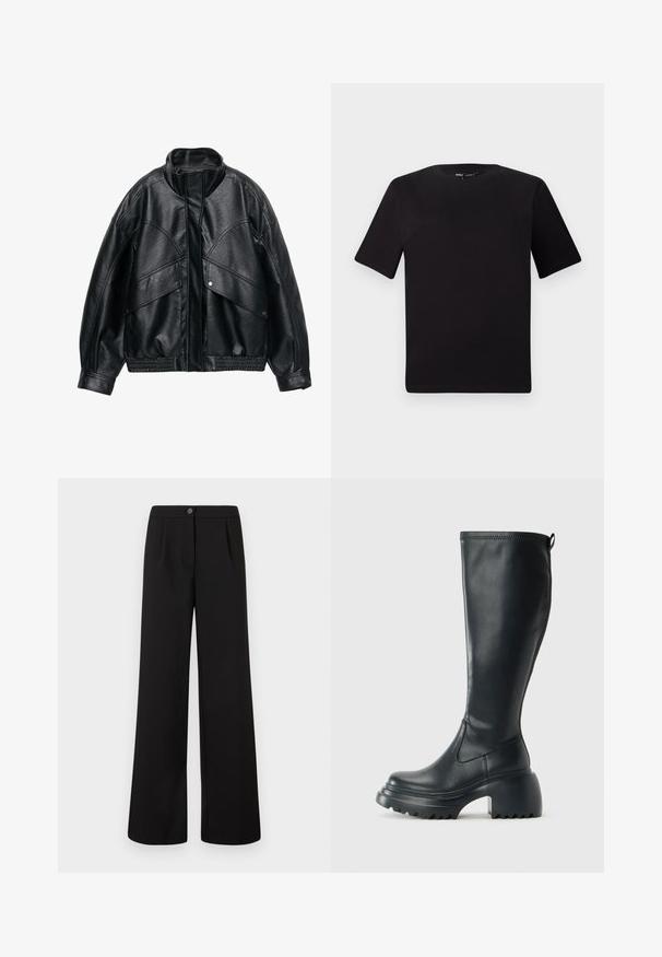 Mustan tekonahka takki, jossa on korkea kaulus, ylipitkä malli ja ribbausvyötärö. Varustettu suurilla läpällisillä taskuilla ja teksturoidulla pinnalla.; Musta lyhythihainen t-paita pyöreällä kaula-aukolla, valmistettu pehmeästä puuvillakankaasta. Yksinkertainen malli, ei näkyviä logoja tai kuvioita.; Musta korkea vyötärö ja leveälahkeiset housut, joissa on edessä nappi ja vetoketjukiinnitys, ja vyötärön alla on hienovaraisia poimuja.; Korkeat mustat nahkakengät, joissa on paksu pohja ja lohkare korko, varustettuna vetonauhalla ja tekstuurilla ulkopohjassa.