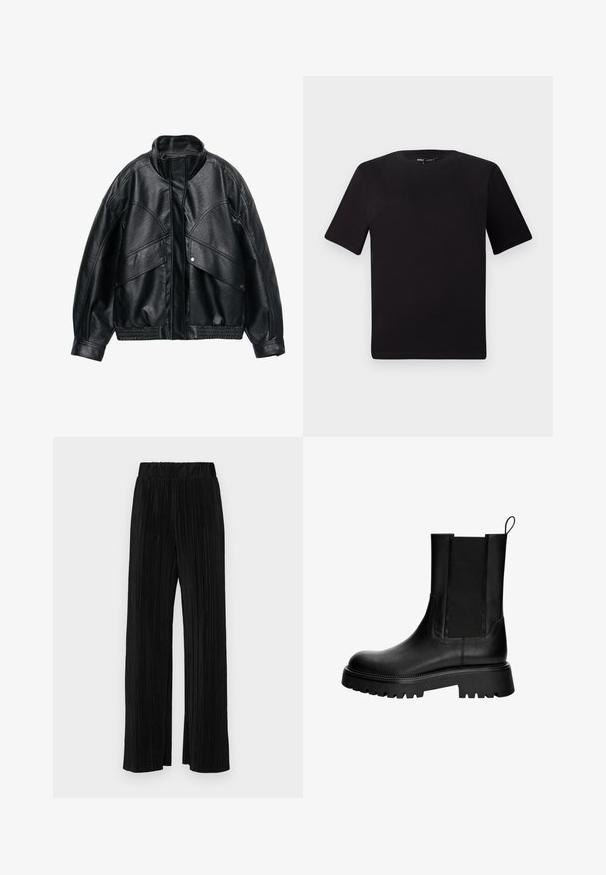 Giacca nera in similpelle con colletto alto, vestibilità over-size e vita a coste. Presenta ampie tasche a patta e una superficie texturizzata.; T-shirt nera a maniche corte con scollatura rotonda, realizzata in morbido cotone. Design semplice, senza loghi o motivi visibili.; Pantaloni neri a plissé con vita elasticizzata. Presentano gamba ampia e un tessuto liscio e texture con strisce verticali.; Stivaletto in pelle nera con finitura liscia, pannelli laterali elastici e suola spessa con profilo profondo. Anello sul retro per una facile calzata.