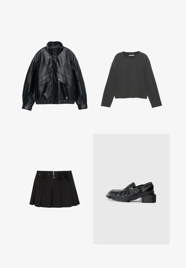 Zwarte nep leren jas met een hoge kraag, oversized pasvorm en geribbelde tailleband. Voorzien van grote klepzakken en een gestructureerd oppervlak.; Zwarte korte cropped long-sleeve t-shirt in zachte katoenen stof. Heeft een ronde halslijn en zichtbare stiksels langs de naden.; Zwarte geplisseerde rok met een riem. Gemaakt van een soepele stof, met een zilveren gesp en een gestructureerde tailleband voor extra stijl.; Zwarte leren instappers met een gestructureerde zool, voorzien van een iets verhoogde blokhak en een textuur bovenkant, bevestigd met een voorkantriem.