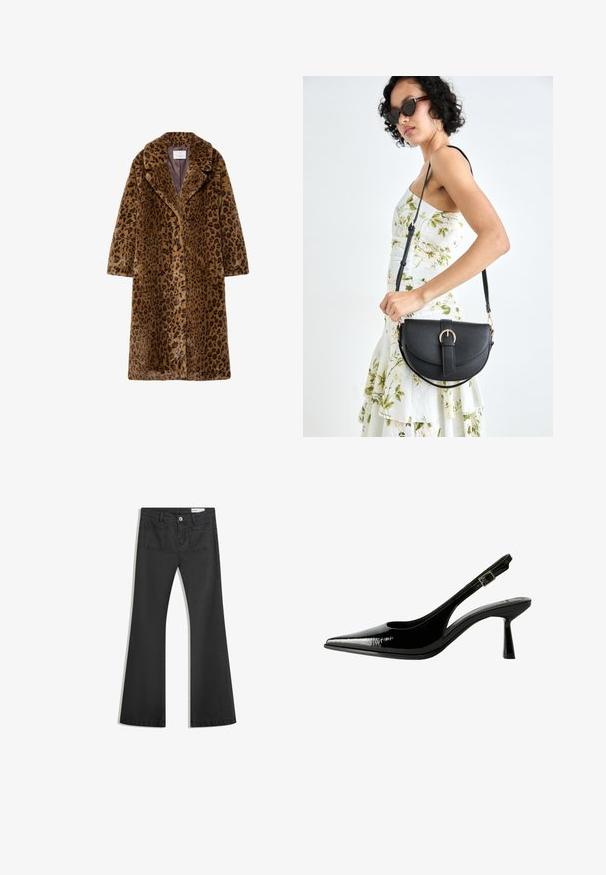 Kavčna plašč z leopardjim vzorcem iz umetnega krzna, srednje dolžine, z ovratnikom z žlebom, skrito gumbnico in mehko teksturirano zunanjostjo v rjavih tonih.; Olivno zelena pletena jopica s krojem na okroglo, dolgimi rokavi in ribanim robom. Ima skrajšan dizajn s mehkimi, teksturiranimi zaključki.; Črne flare traperke z gladko teksturo, opremljene z dvema zadnjima žepoma in gumbnim zapiranjem v pasu.; Črne lakirane slingback čevlje s koničastim nosom, izrezanimi stranicami, nastavljivim gležnjarjem in tankim, elegantnim peto.; Črna usnjena torbica s ukrivljeno obliko, z odstranljivo naramnico in zlatimi dodatki. Torbica ima pokrov s podrobnostmi v obliki zaponke.