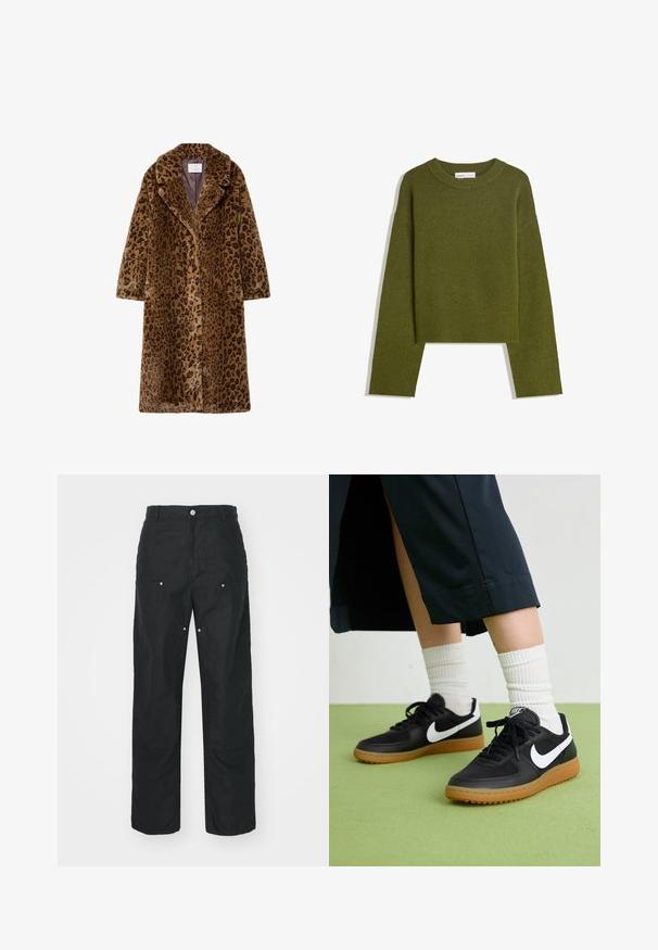 Leopardenmuster Kunstfelljacke, mittellang, mit einem abgerundeten Kragen, verdecktem Knopfverschluss und weichem, strukturiertem Außenmaterial in Brauntönen.; Olivgrüner Strickpullover mit Rundhalsausschnitt, langen Ärmeln und geripptem Saum. Verfügt über ein kurzes Design mit einer weichen, strukturierten Oberfläche.; Schwarze Hose mit geradem Bein, aus einem strukturierten Stoff. Verfügt über dekorative silberne Hardware und einzigartige Nahtdetails.; Schwarze Leder- und synthetische Sneakers mit weißem Nike-Swoosh, Gummisohle, runder Spitze und schwarzen Schnürsenkeln. Gestreifte weiße Socken sind sichtbar.
