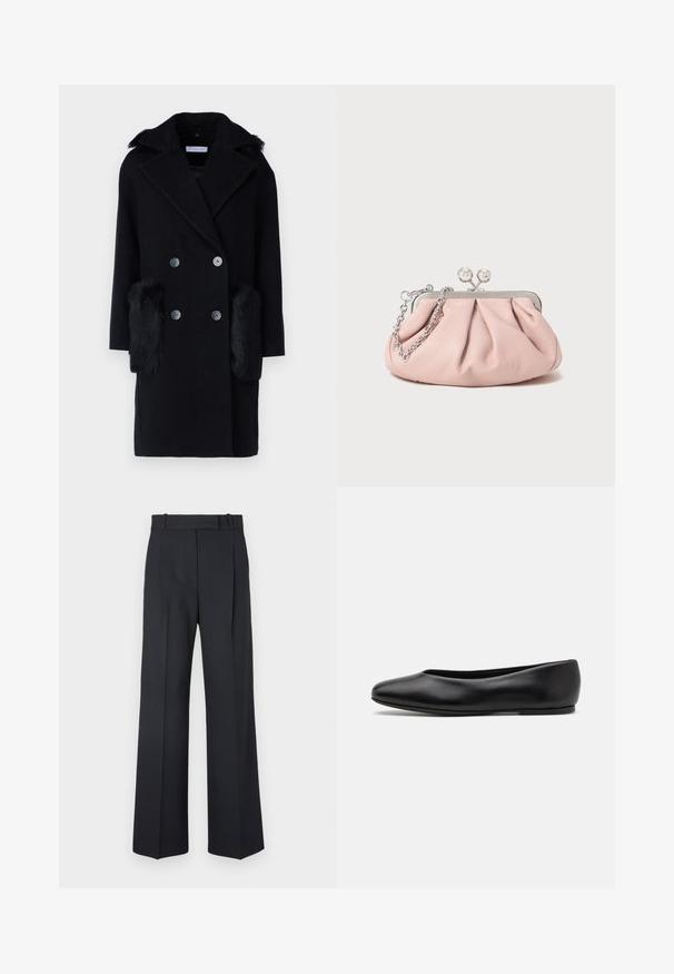 STUDIO ID DAYOUNG COAT - Cappotto classico - black/toscana black; Top in cotone grigio a coste con scollo tondo e spalline larghe. Presenta una texture morbida e un design aderente. Etichetta del marchio visibile.; Camicia bianca in cotone a maniche lunghe con colletto a punta, chiusura anteriore con bottoni e orlo arrotondato. Tessuto liscio, vestibilità regolare e senza fantasie.; Pantaloni a righe blu scuro con vita alta, design a gamba larga e senza hardware o decorazioni visibili. Tessuto liscio e vestibilità sartoriale.; Paul Smith TOPANGA - Ballerine - black; Borsa a mano in pelle rosa con design arricciato, telaio in metallo, due chiusure rotonde e tracolla in catena argentata. Texture liscia, forma compatta.