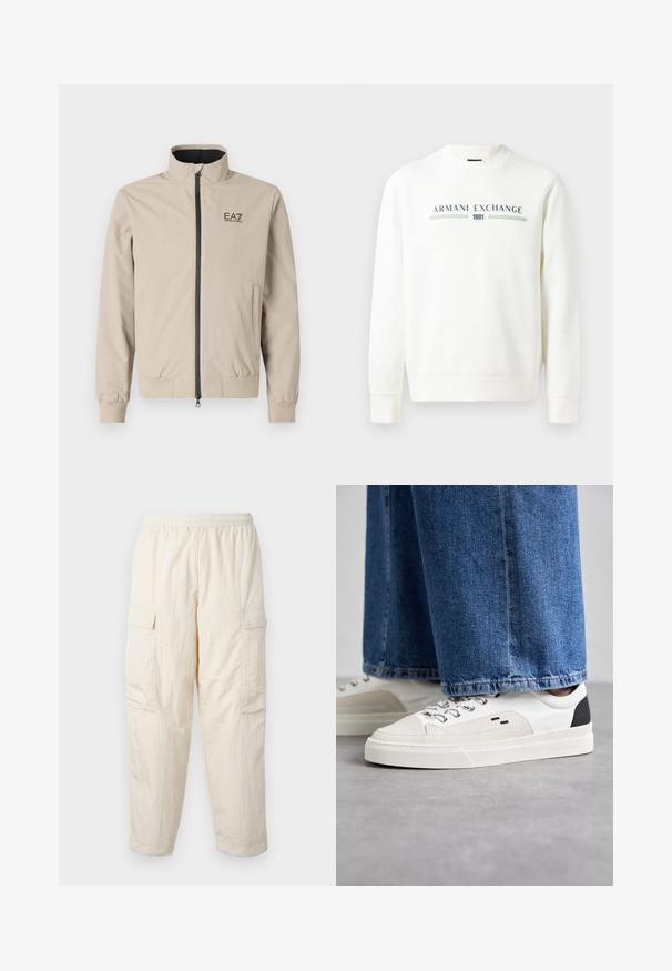 Beige lett jakke med høy krage, frontlynlås, elastiske mansjetter og sidelommer. Har EA7-logo trykket i svart på brystet.; Hvit hettegenser med rund hals, lange ermer og ribbede mansjetter. Har trykket "Armani Exchange 1991" logo i blått og grønt.; Beige cargo bukser med elastisk talje, som har to sidelommer og et blødt, let stof. Stribet tekstur.; Hvite og svarte joggesko med en glatt læroverdel, teksturerte detaljer og en kraftig hvit såle. Har en klassisk snøring.