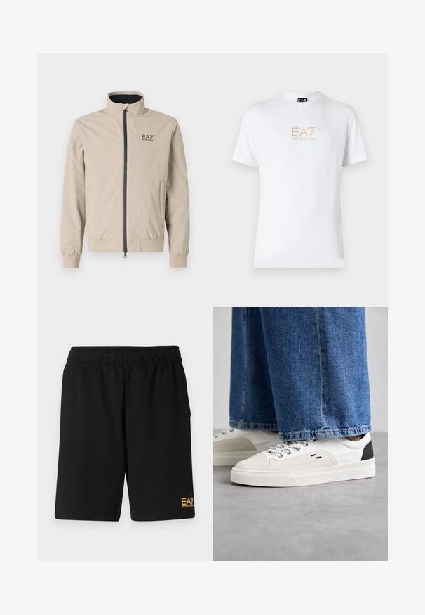 Béžová lehká bunda s vysokým límcem, předním zipem, elastickými manžetami a bočními kapsami. Na hrudi je černě vytištěno logo EA7.; Bílé bavlněné tričko s kulatým výstřihem a krátkým rukávem, na přední straně s potiskem zlatého loga EA7 Emporio Armani.; Černé sportovní šortky vyrobené z měkké látky, s elastickým pasem a malým žlutým logem EA7 na dolní části levé nohy.; Bílé a černé tenisky s hladkým koženým svrškem, texturovanými akcenty a robustní bílou podešví. Mají klasický design se šněrováním.