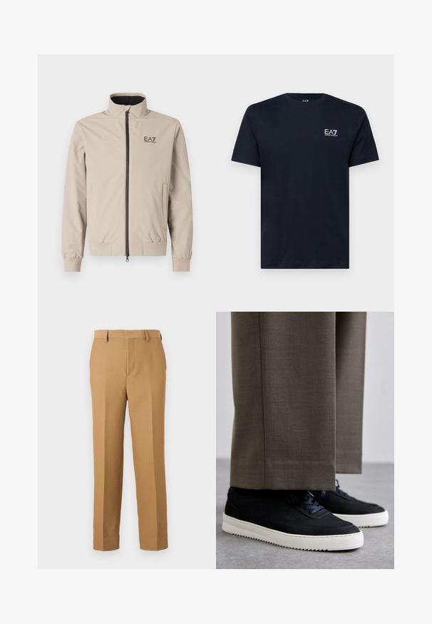 Beige kerge jakk kõrge kraega, ees lukuga, elastsete mansettide ja küljetaskutega. Omab musta EA7 logo trükist rinnal.; Tumed sinine puuvillane T-särk, millel on lühikesed varrukad, ümar kaelus ja väike valge tikand vasakul rinnaäärsel. Sile tekstuur.; Beige dressipüksid, mis on valmistatud kootud kangast, sirge lõikega, lapikud ees ja vöökohaga silmad. Sujuv tekstuur, ilma nähtavate mustriteta.; Mustad suleed sneakers valge kummist tallaga, ümarate varvaste ja paeltega, kantud hallide ülikonna pükste kõrval.