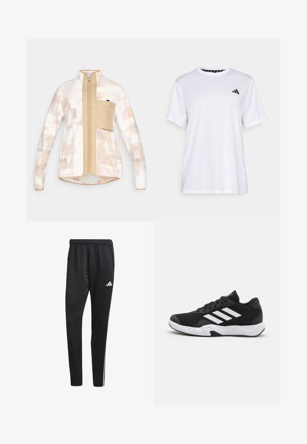 Fleecová bunda v jemnej krémovej farbe s abstraktnými hnedými vzormi, so zipsom vpredu a béžovým panelom s vreckom na ľavej hrudi. Plochý dizajn goliera.; Biely športový tričko s krátkymi rukávmi, vyrobené z materiálu, ktorý odvádza vlhkosť. Má čierne logo na ľavej hrudi a vzorovaný vnútorný golier.; Čierne športové nohavice s elastickým pásom, bielymi bočnými pruhmi a malým bielym logom na stehne. Vyrobené z hladkého, ľahkého materiálu.; Čierne športové topánky s textúrovaným sieťovinovým zvrškom, bielymi akcentovými pruhmi, polstrovanou podrážkou a spevneným pätou pre podporu.
