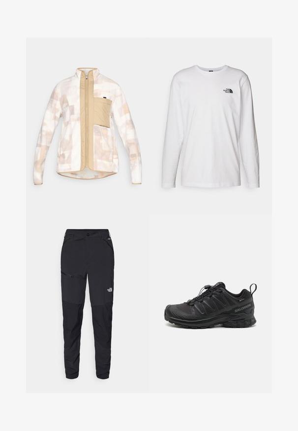 Fleece jacket in soft cream with abstract tan patterns, front zip, and a beige panel with a pocket on the left chest. Flat collar design.; White long-sleeve T-shirt made of cotton with a crew neck. Features a small black logo on the chest. Smooth texture, regular fit.; Black outdoor pants with a tapered fit, made from durable fabric. Features zippered pockets and subtle branding on the front leg.; Black athletic shoe with a textured synthetic upper, cushioned sole, and a quick-lacing system. Features a reinforced toe and heel.