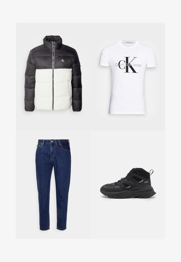 Sort og hvid dunjakke med høj krave, lynlås lukning, quiltet struktur og logo på brystet. Har lange ærmer og en løs pasform.; Hvid bomulds t-shirt med et sort "CK" logo og teksten "Calvin Klein Jeans", korte ærmer og en klassisk rund halsudskæring.; Mørkeblå denim jeans med lige ben-design, fem lommer og knaplukning. Har subtil falming og syning detaljer.; Sorte vandresko med et lagdelt design, tekstureret stof og gummisål, med forstærkede områder og snørebånd foran.