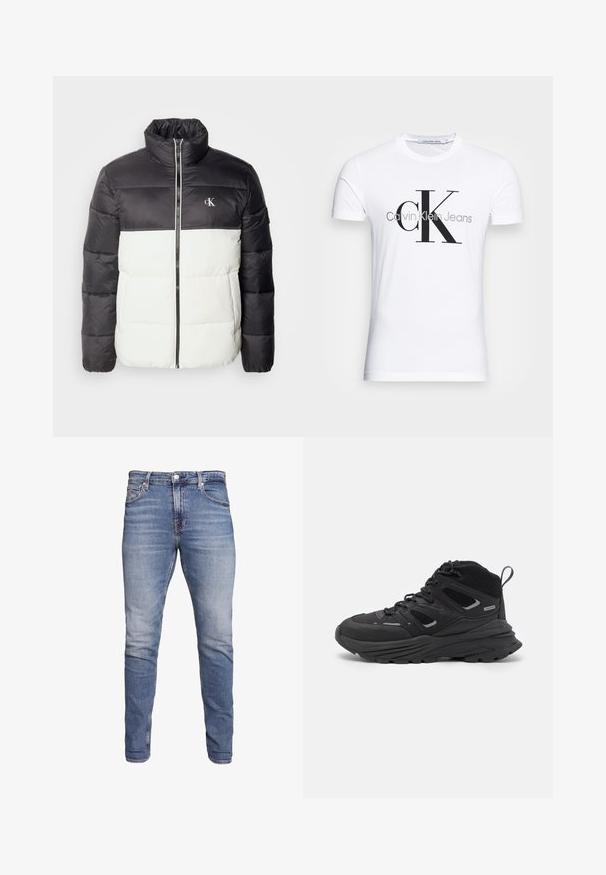 Svart og hvit boblejakke med høy krage, glidelås, quiltet tekstur, og logo på brystet. Har lange ermer og en firkantet passform.; Hvit bomull T-skjorte med svart "CK" logo og "Calvin Klein Jeans" tekst, korte ermer og klassisk rund hals.; Blå tettsittende jeans med fem lommer, falmet vask, knappelukking og beltehemper, vist mot en hvit bakgrunn.; Sorte tursko med en lagdelt design, teksturert stoff og gummisåle, med forsterkede områder og snøring foran.