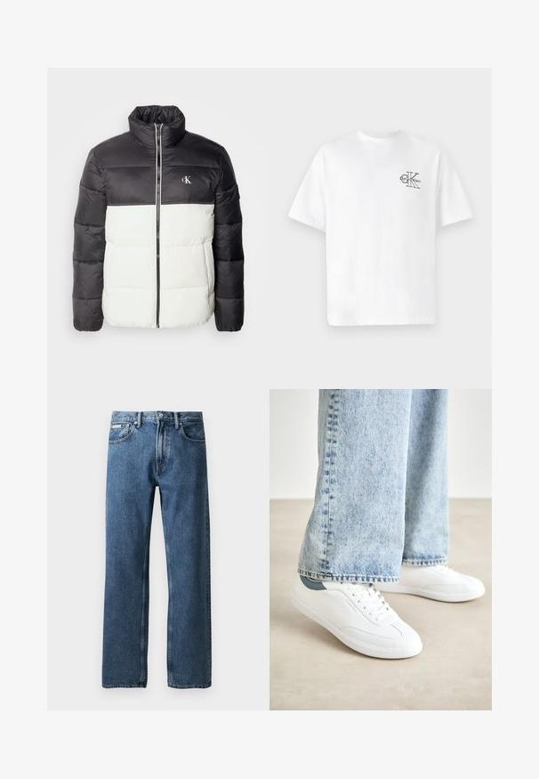 Juoda ir balta pūkinė striukė su aukštu apykakle, užtrauktuku, quilted tekstūra ir logotipu ant krūtinės. Turi ilgus rankovės ir kvadratinį siluetą.; Balta medvilninė marškinėliai su trumpomis rankovėmis, apvalia kaklo iškirpte, kairėje krūtinės pusėje esantis juodas CK logotipas, standartinio kirpimo, lygus paviršius.; Mėlyni tiesaus kirpimo džinsai su aukštu liemeniu, mygtuko ir užtrauktuko uždarymu, priekinėmis kišenėmis ir mažyte balta prekės etikete dešinėje kišenėje.; Baltos sportbačiai su lygiu paviršiumi, raišteliais ir tekstūruota guma, su žaliu akcentu ant kulno, derinami su šviesiai mėlynomis džinsinėmis kelnėmis.