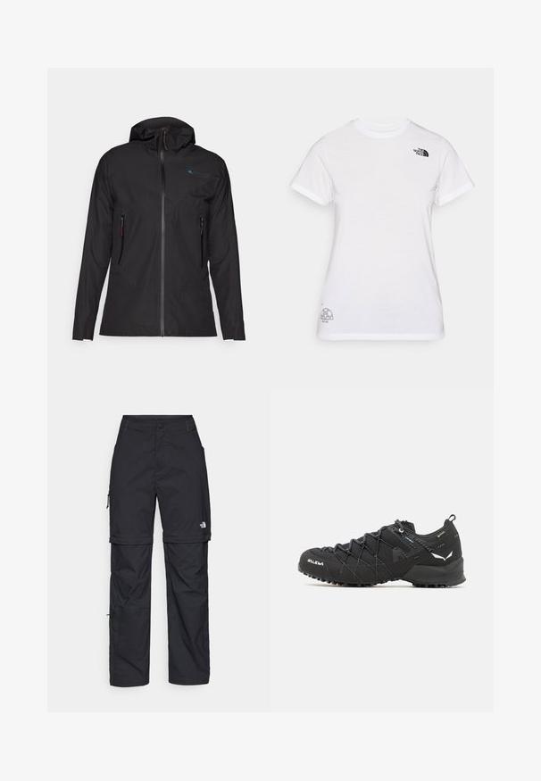 Juodas vandeniui atsparus džemperis su užtrauktuku priekyje, reguliuojama kapišonu ir dviem šoninėmis kišenėmis su užtrauktukais. Krūtinėje yra tekstūruotas trikampis dizainas.; Balta medvilninė marškinėliai su juodu logo kairiajame krūtinės šone ir pilku grafiniu dizainu apatiniame dešiniajame kampe. Klasikinis apvalus kaklas ir trumpomis rankovėmis.; Juodos nailoninės krovinių kelnės su reguliuojamais rankovėmis, daugybe kišenių ir logo ant dešinės kojos. Lygi, lengva tekstūra.; Juodi žygio batai su tekstūruotu audiniu, raišteliais ir tvirtu guma padu. Papuošti atspindinčiomis detalėmis ir logotipais.