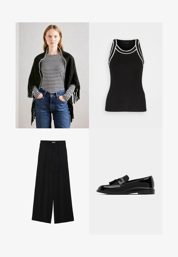 Woman with light hair wears black shawl over black and white striped long-sleeve top and high-waisted blue jeans, hands in pockets.; Black ribbed tank top with white accent trim. Features a round neckline and racerback design. Made from a stretchy fabric for comfort.; Black wide-leg pants featuring a textured fabric, an elastic waistband, and a detachable sash tie at the waist for adjustable fit.; Black patent leather loafers with a flat heel, featuring a tassel accent and smooth surface, designed with a rounded toe and subtle stitching.