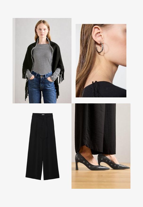 Woman with light hair wears black shawl over black and white striped long-sleeve top and high-waisted blue jeans, hands in pockets.; Black ribbed tank top with white accent trim. Features a round neckline and racerback design. Made from a stretchy fabric for comfort.; Black wide-leg pants featuring a textured fabric, an elastic waistband, and a detachable sash tie at the waist for adjustable fit.; Black leather high heels with a pointed toe design, featuring metal eyelet accents along the sides, and a slim stiletto heel.; Silver hoop earring with a polished finish, featuring small gold accent details and a round shape, worn on the lobe.