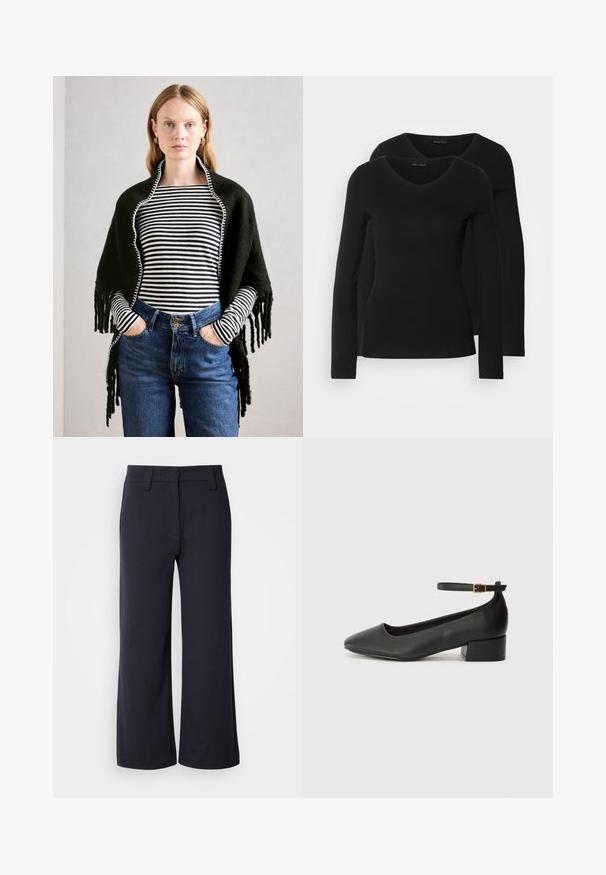 Ženska s svetlim lasmi nosi črno šal preko črne in bele pruge dolgega rokava in visokih modrih kavbojk, roke v žepih.; Dve črne majice z dolgimi rokavi in V-izrezom, narejene iz mehkega in raztegljivega materiala, ki prikazuje gladko teksturo in prilegnjeno obliko.; Široke hlače iz temno modrega blaga. Imajo raven sprednji del, obrobo za pas in stranske žepke. Material je gladek z rahlo elastičnostjo.; Črne usnjene pumpice z nazobčanimi prsti in nizko blokasto peto. Imajo trak okoli gležnja z zaponko v zlatem tonu. Gladka tekstura.
