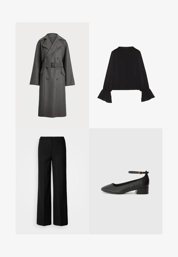 Polo Ralph Lauren Gabardina - gray; Top preto de mangas longas com punhos largos, textura suave e um corte descontraído, com um simples decote redondo.; Calças largas pretas com um tecido suave, apresentando uma cintura alta, costuras ajustadas e um design minimalista. Sem hardware visível ou bolsos.; Sandal de pele preta com bico pontiagudo e um salto bloco baixo. Apresenta uma tira no tornozelo com uma fivela em tom dourado. Textura suave.