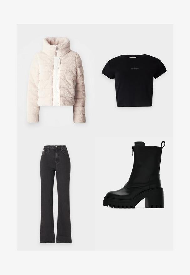 Kremowa, krótka kurtka z teksturowanego polaru, z wysokim kołnierzem i błyszczącą, zapiętą na guziki przednią częścią. Gładkie akcenty materiałowe na przodzie.; Czarny prążkowany crop top z krótkim rękawem, wykonany z miękkiego materiału, z delikatnym logo Calvin Klein na środku. Prosty, klasyczny design.; Czarne jeansy z wysokim stanem i rozszerzanym dołem, wykonane z denimu, z zapięciem na guzik, szlufkami na pasek oraz kieszeniami bocznymi. Gładka faktura z minimalnym przetarciem.; Czarny skórzany botek za kostkę z masywną podeszwą, słupkowym obcasem, zamkiem błyskawicznym z boku oraz pętlą z tyłu na jednolitym białym tle.