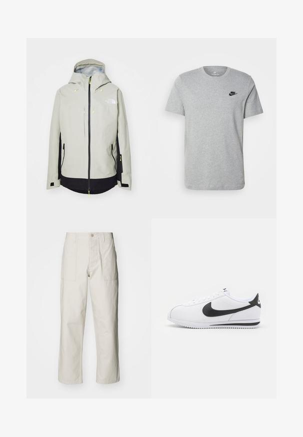 The North Face CEPTOR JACKET - Snowboardjas - clay grey/black; Grijze T-shirt met korte mouwen van katoen, voorzien van een zwart Nike-logo op de borst en een ronde halslijn. Minimalistisch ontwerp zonder patronen.; Lichtbeige wijde broek van katoen. Voorzien van steekzakken en een knoopsluiting. Glad textuur met subtiele verticale lijnen.; Witte leren sneakers met zwarte Nike swoosh, platte veters en een getextureerde rubberen zool. Ronde neus en gevoerde kraag voor comfort.