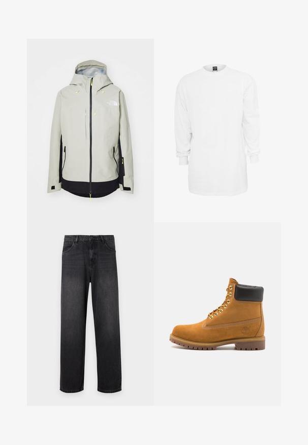 The North Face CEPTOR szary; Biała bawełniana koszulka z długim rękawem, okrągłym dekoltem, luźnym krojem i ściągaczami przy rękawach. Gładki design, bez grafik ani wzorów.; Ciemnoszare dżinsy o prostym kroju, z zapinaniem na zamek błyskawiczny, pięcioma kieszeniami oraz subtelnymi efektami przetarcia na materiale.; Beżowe zamszowe botki sięgające kostki z czarną wyściełaną krawędzią, złotymi oczkami, białymi detalami szycia oraz wytrzymałą gumową podeszwą z wyraźnym bieżnikiem.