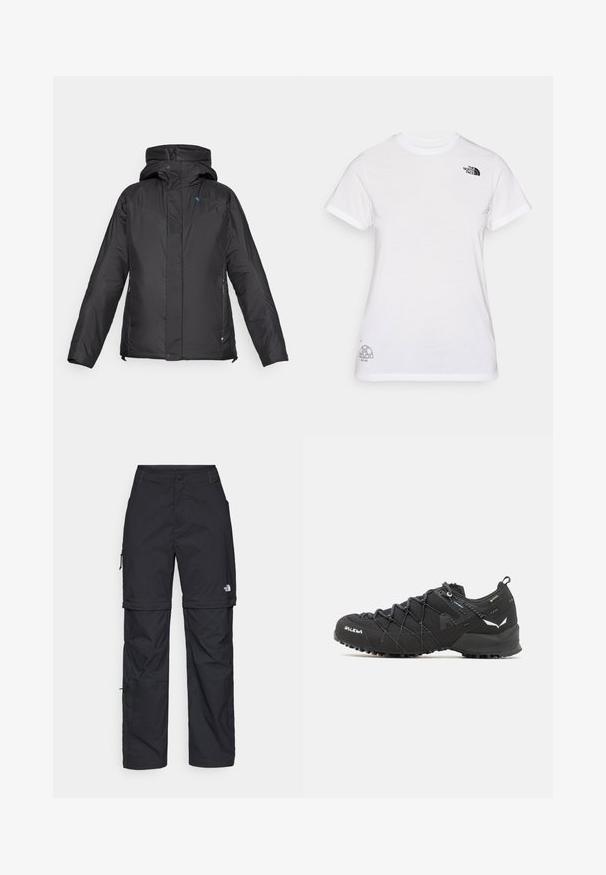 Black insulated jacket with a hood, featuring a textured panel on the chest, side pockets, and a front zipper, made from durable material.; White cotton t-shirt featuring a black logo on the left chest and a gray graphic design at the bottom right. Classic crew neck and short sleeves.; Black nylon zip-off cargo trousers with adjustable cuffs, multiple pockets, and a logo on the right leg. Smooth, lightweight texture.; Black hiking shoes with a textured fabric upper, lacing system, and rugged rubber sole. Accented with reflective details and logos.