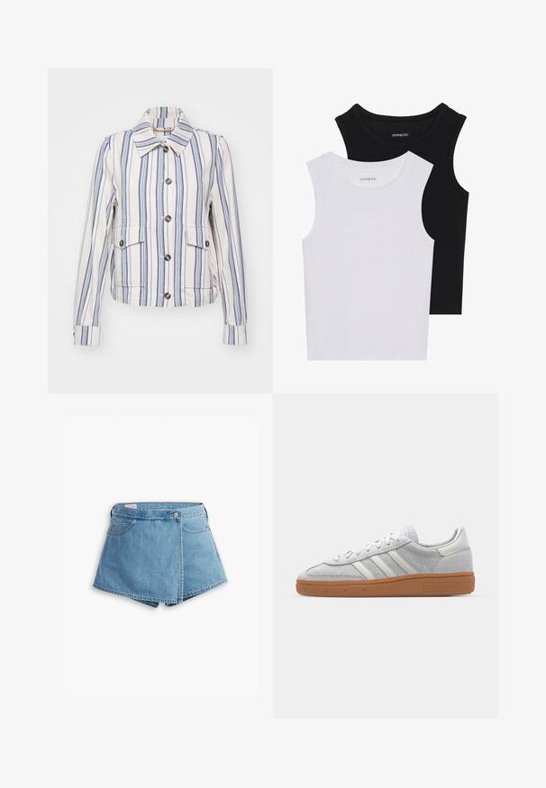 Prugasta, skraćena jakna u krem i mornarsko plavoj boji. Ima ovratnik, prednje dugme zatvaranje i dva džepa s preklopom. Teksturirana tkanina.; Dva majica bez rukava u crnoj i bijeloj boji, izrađene od rebrastog pamuka, s okruglim izrezima i prianjajućim dizajnom. Oznake su vidljive na obje.; Traperice kratke hlače u svijetloplavoj boji, s dizajnom preklopa, prednjim džepovima i metalnim zatvaranjem na dugme. Glatka textura s prošivenim rubovima.; Svijetlosivi nubuk tenisice s bijelim kožnim detaljima, tri bijele pruge i smeđa gumena potplat, s podstavljenim ovratnikom radi udobnosti.
