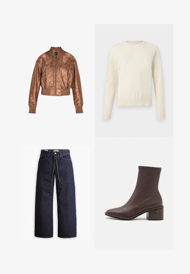 Ruda odinė bombinė striukė su trumpu dizainu, raukšlėmis rankogaliuose ir užtrauktuku priekyje. Pasižymi lygiu paviršiumi ir subtiliu blizgesiu.; Šviesiai kreminės spalvos megztinis su ilgomis rankovėmis, apvaliu iškirpimu ir raukšlėtu apvadu. Pagamintas iš minkštos medžiagos, pasižymi lygiu paviršiumi.; Plačios kojų tamsiai mėlynos džinsinės kelnės su aukštu liemeniu, turinčios raištį, penkias kišenes ir kontrastingas siūles.; Loeffler Randall ROXY STRETCH - Klasikiniai aulinukai - espresso